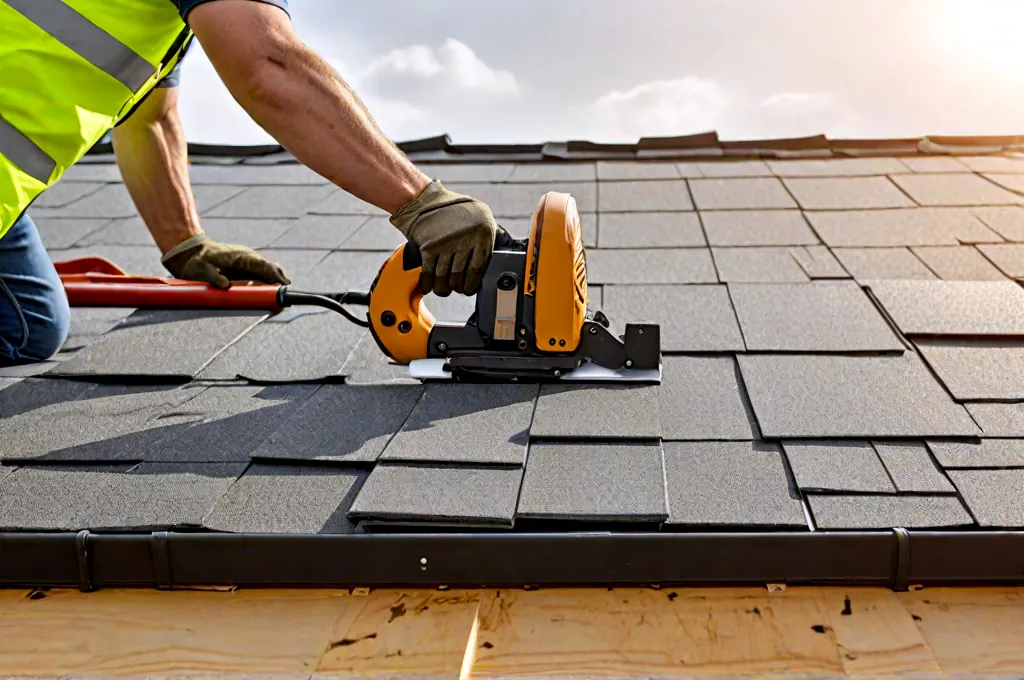 A man installing a new roof in Tucson, AZ, using safety equipment and tools